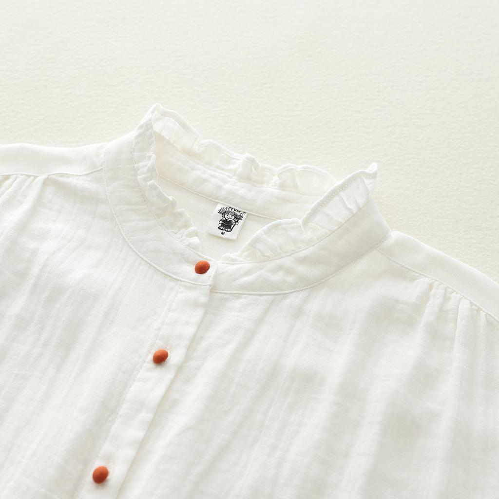 Koszule damskie białe z koronką i stójką, podwójna bawełniana przędza, bluzki z długim rękawem, kolorowe guziki, luźne bluzki damskie