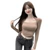 Elegant Square Collar Coffee Slim Fit Long Sleeve Top for Women - Trendy Drawstring Design for Spring & Autumn.