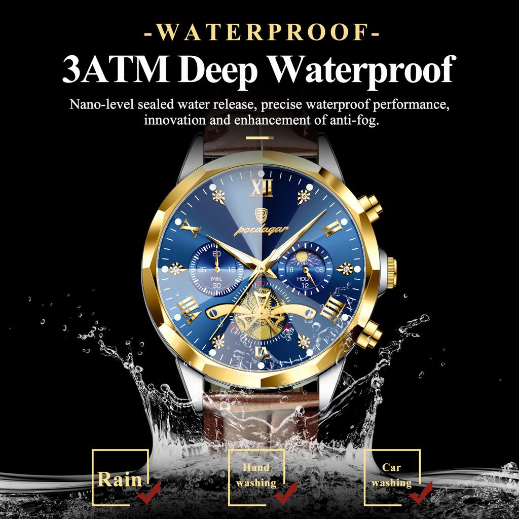 Luxury Men Wristwatch Quartz Waterproof Luminous Moon Phase Chronograph Leather Man Watch Male Reloj
