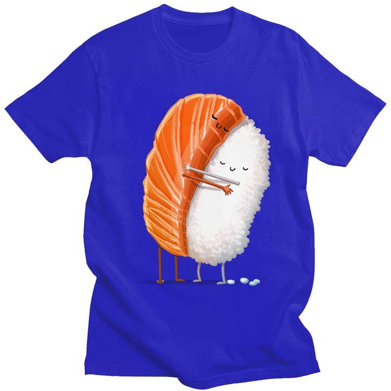 Anpassade Söta Sushi-Kram T-shirts för Män Kortärmad Fritids-T-shirt Cool Tecknad Japansk Mat T-shirt Lös Passform 100% Bomull T-shirts