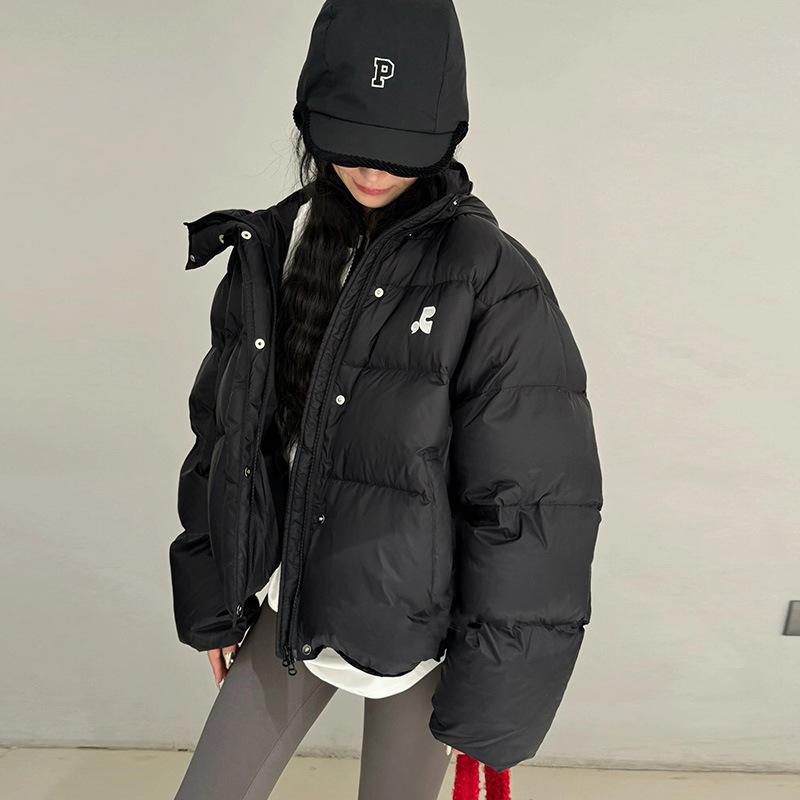 

Korean version of trendy brand hooded down jacket women s short 2025 winter thickened cold-resistant meat-covering small embroidered bread jacket M