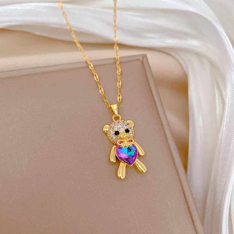 Love Bear Light Luxury Temperament Gorgeous Full Diamond Necklace Female Versatile Collarbone Chain Titanium Steel Chain