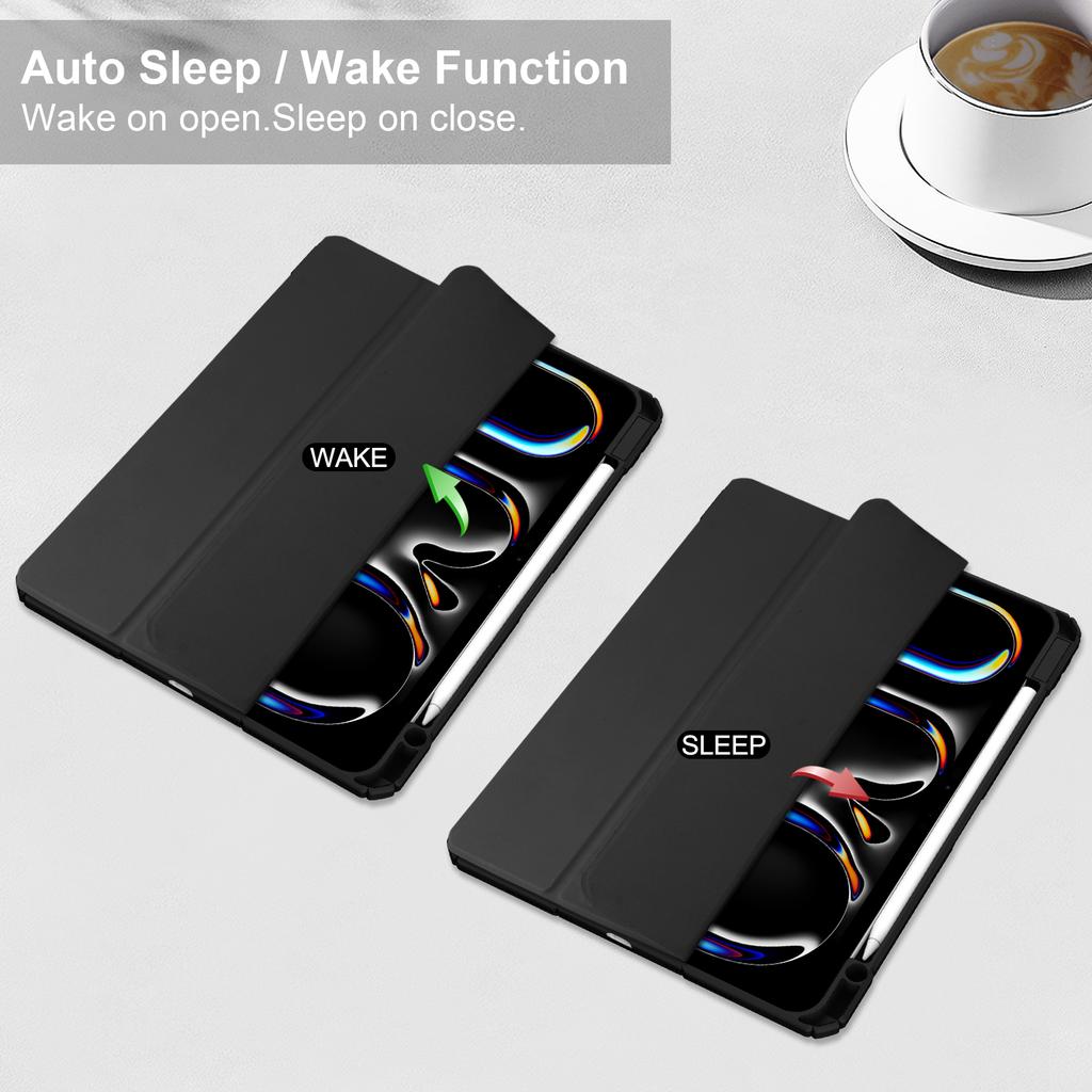 For iPad Pro 13 (2024) Case with Pen Slot PU Leather Clear Auto Wake Sleep Tablet Shell