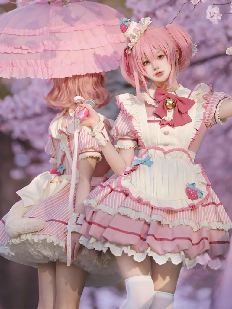 XHSUKADO Maid Outfit and Striped Lolita Dress with Ruffles and Perfect for Idol and Size Women's 2-Piece Set, Dress, Apron, Ribbons, Cosplay,