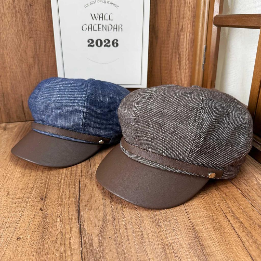 Simple Denim Octagonal Hat Newsboy Hat Retro Leather Brim Duck Tongue Beret Autumn and Winter Commuter Modified Face Women's Hat