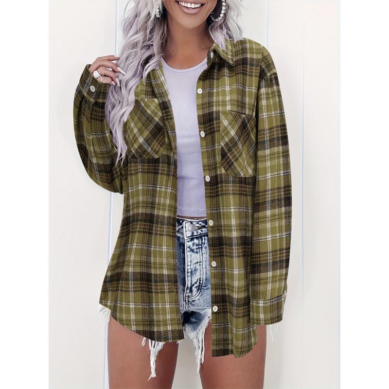 

2026 Spring Women s Plaid Print Long Sleeve Cardigan Shirt with Turn-Down Collar XXL оливковий