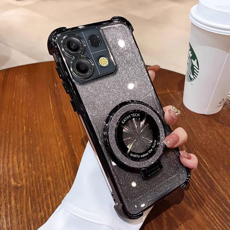 

13pro 13C 12 Чехол Роскошный Магнитный Кронштейн Противоударный Чехол Для Xiaomi Redmi Note 13 pro 12 10 10c Чехол с Держателем Блестящий Блеск Redmi note13 pro&Case & Holder чёрный