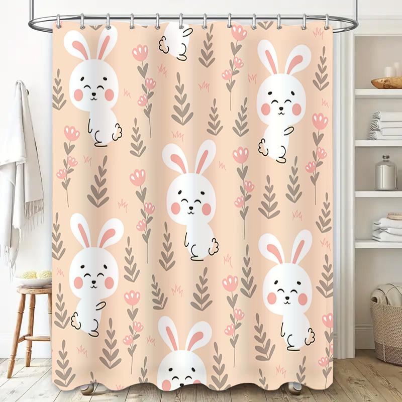 Adorable Rabbit Shower Curtain Pink Floral Print for Bathroom Decor Polyester Fabric with Hooks Customizable Size