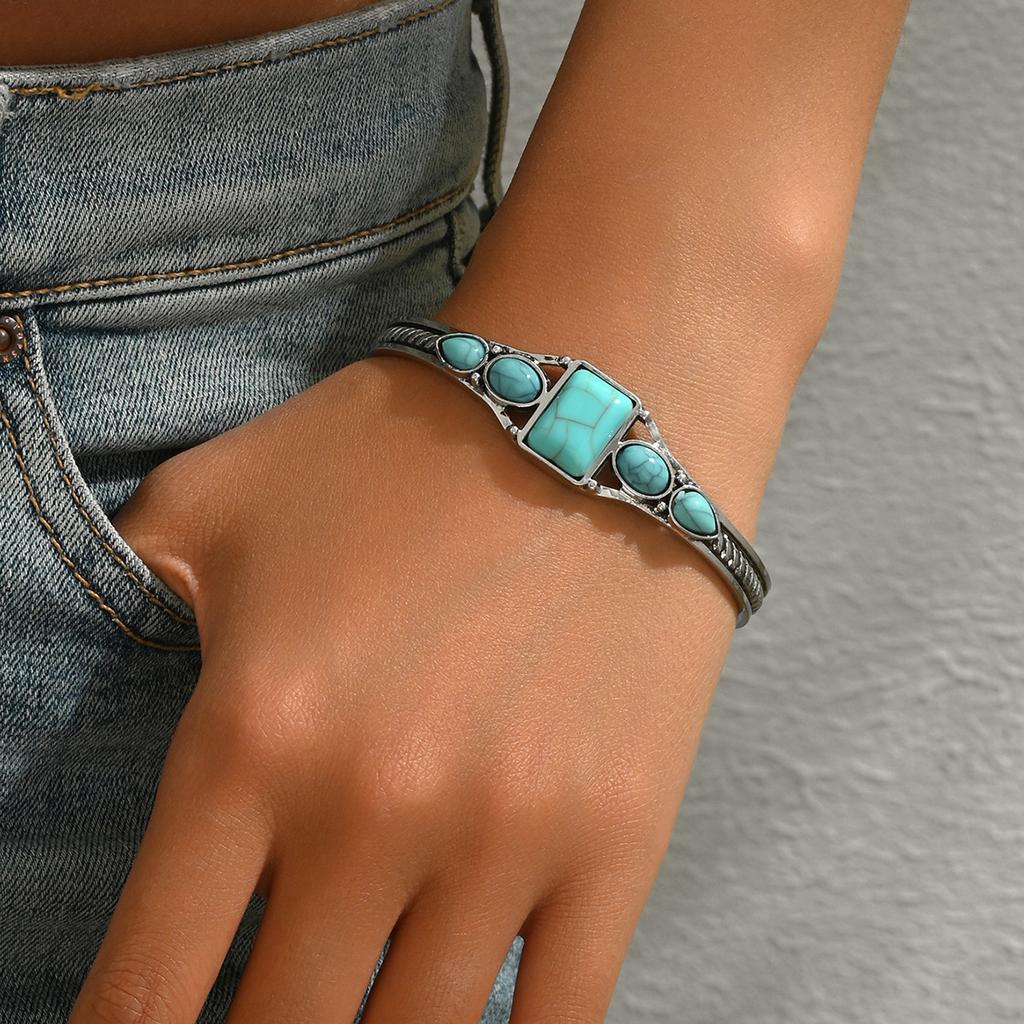 Retro style women's opening adjustable bracelet geometric inlaid turquoise pattern design bracelet jewelry women