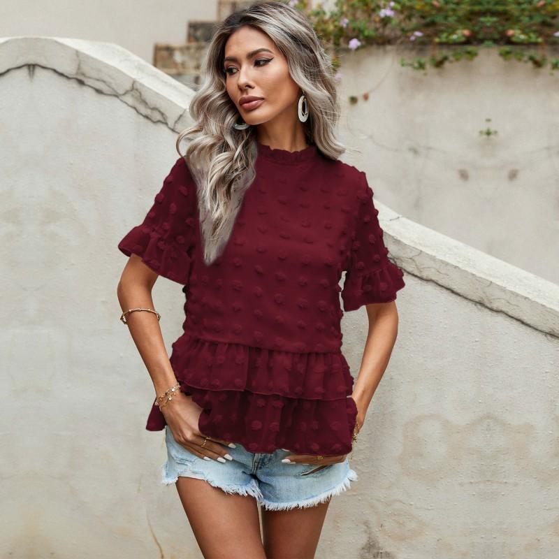 Women's Fashion Casual Solid Color Print Short Sleeve O-Neck Blouses & Shirts