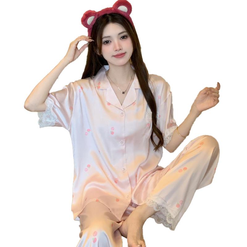 Ice Silk Pajamas Women'S Summer High-End Sweet Cherry Short-Sleeved Trousers Loungewear Set