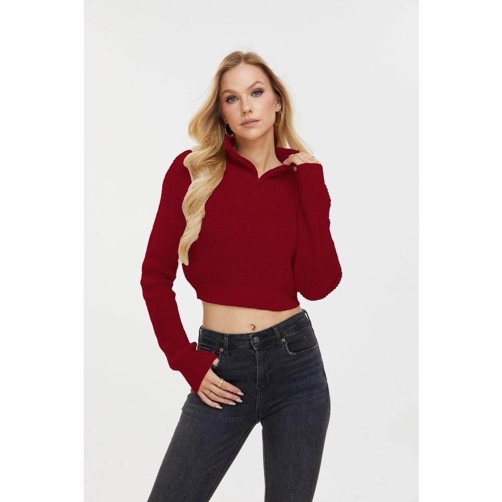 Einfarbiger Reißverschluss-Pullover für Damen im Herbst und Winter, schlanker V-Ausschnitt, langärmliger Pullover