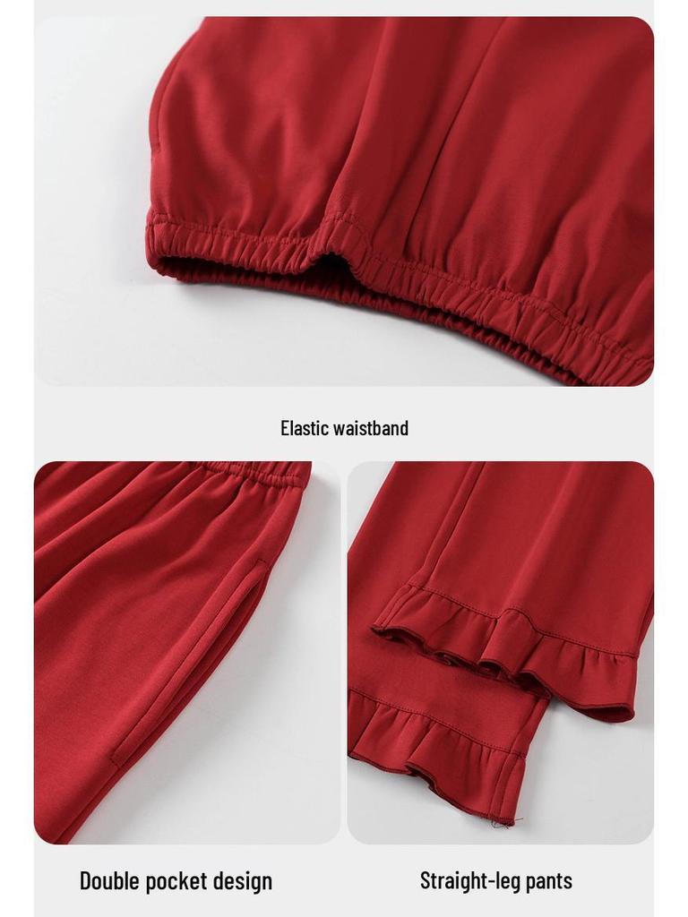 Red Zodiac Cotton Pajamas Set: Long Sleeve & Pants for Couples - Autumn/Winter Wedding & Home Wear