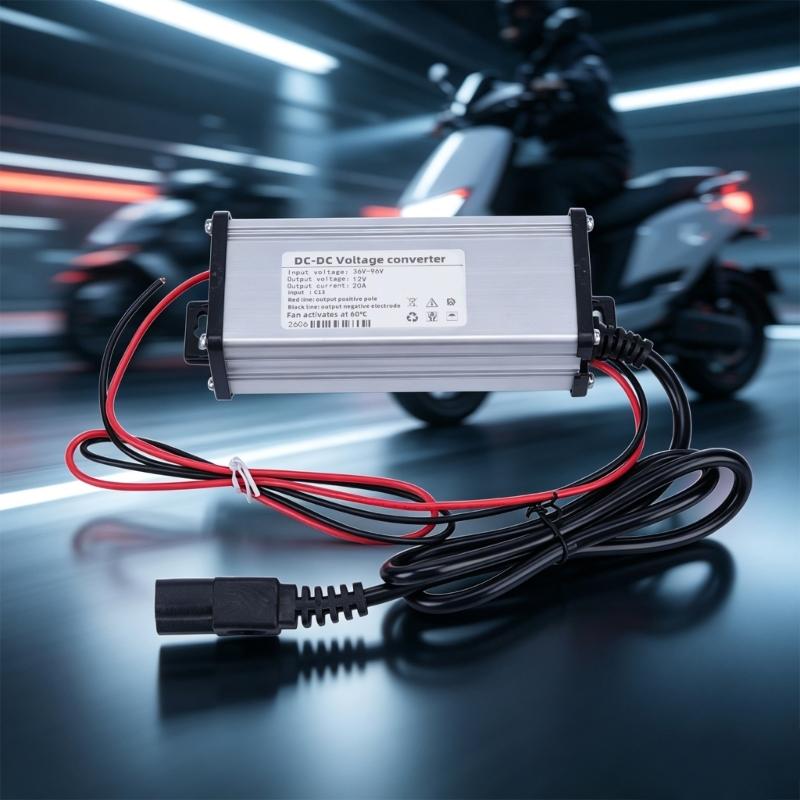 Power Unit 36V to 96V to 12V 20A for Electric Bike and Motorcycle, 3 Pin Input, Wire Output, Fan Cooled Metal Shell for Wiring Use