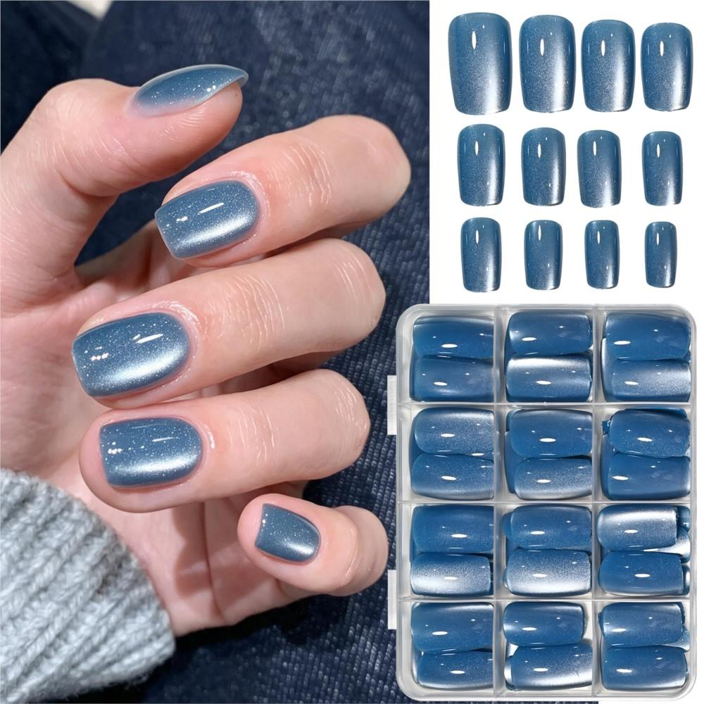 144pcs Glitter Blue Cat Eye Press On Nails Glossy Medium Square Cat Eye False Nails Full Cover Acrylic Blue Cat Eye Fake Nails