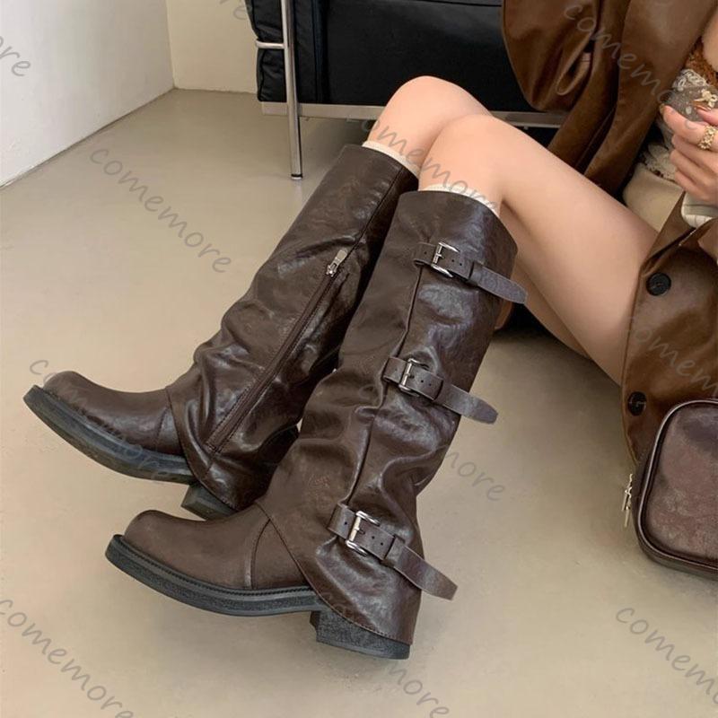 Módní Komemore Vintage Spona na opasek Dámské Západní Vysoké boty po kolena Módní nazouvací Nízký podpatek Dlouhé kotníkové boty Černá Hnědá Botas Feminina