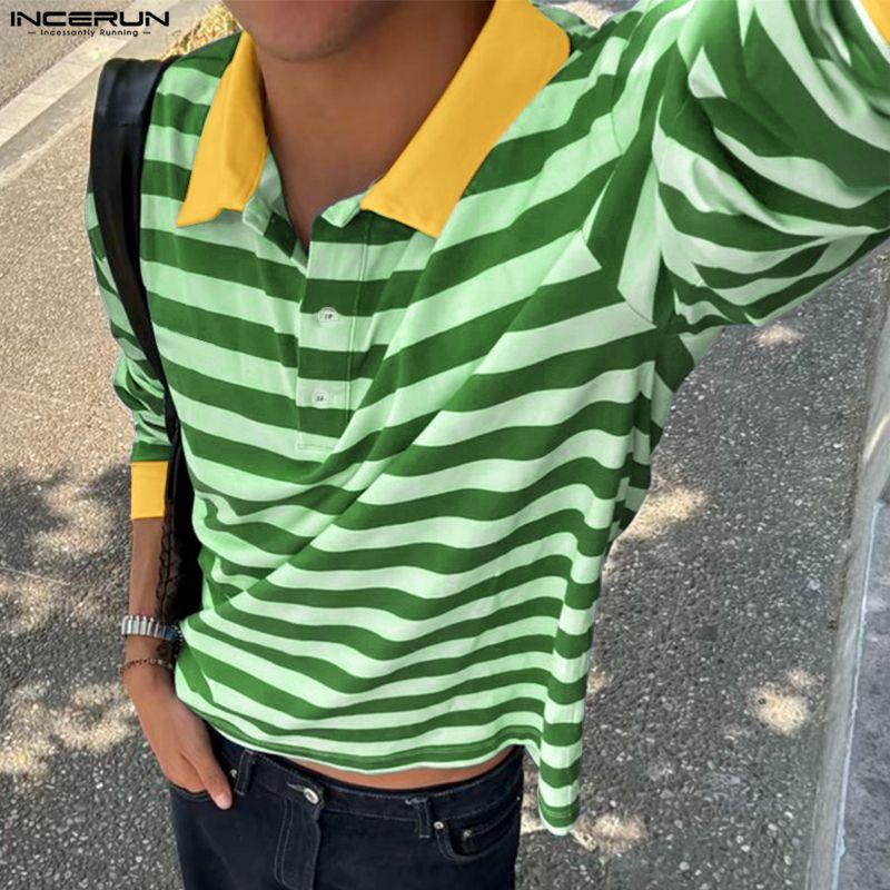 INCERUN Men Lapel Neck Long Sleeve Stitching Striped Casual Oversized T-shirts Tops
