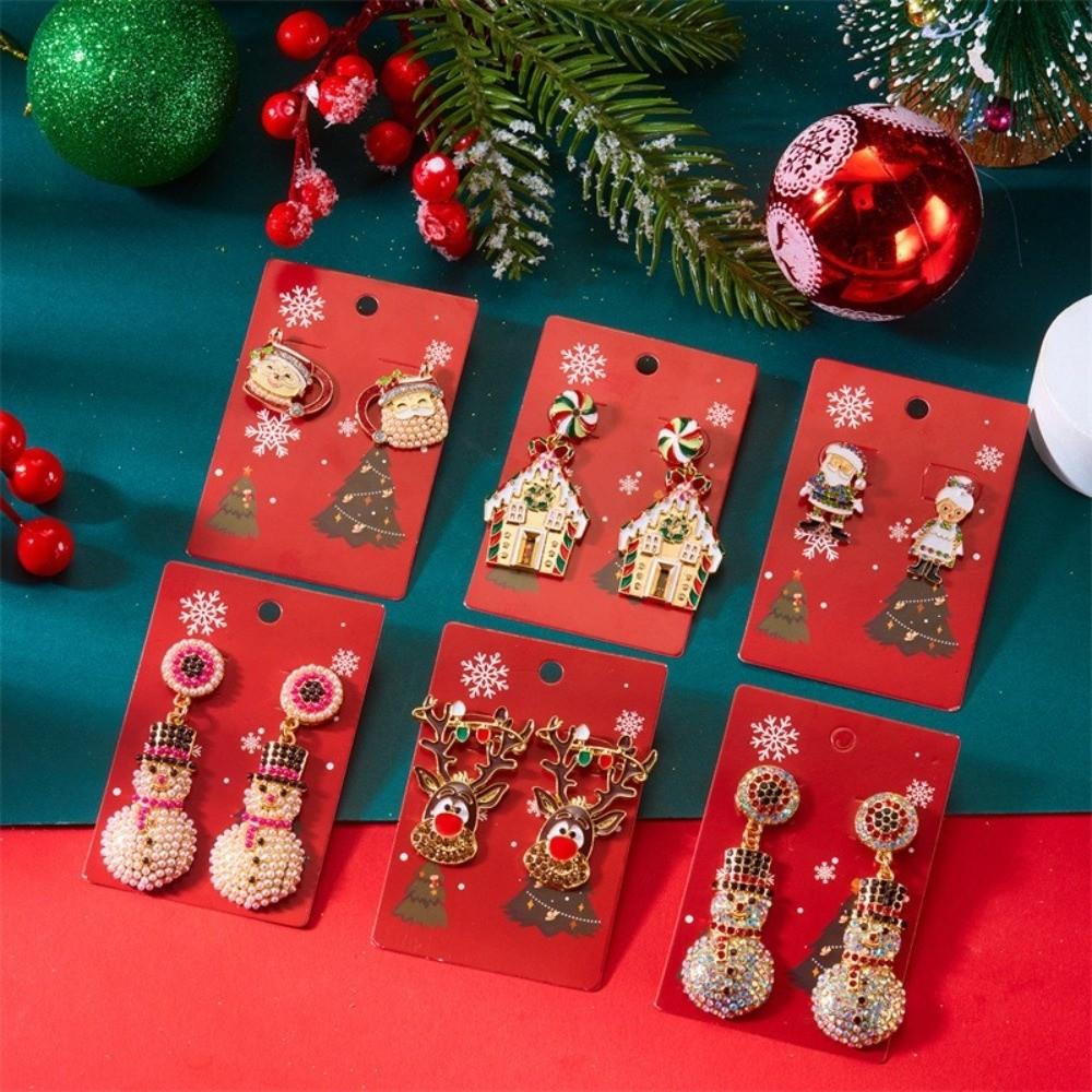 A Pair Zinc Alloy Christmas Earrings Exquisite Rhinestone Pearl Studs Christmas Holiday