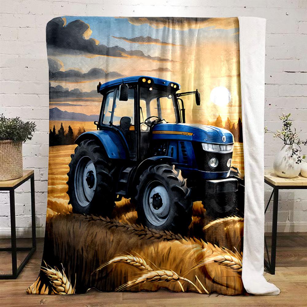 Blue Tractor in Wheat Field for all seasons blanket lunch break throw gift