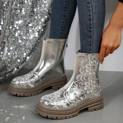 Silver Gold Punk Thick Sole Ankle Boots Women's Gothic Platform Motorcycle Boots Woman Luxury Embroidery Cowboy Boots 2024