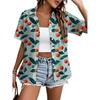 Womens Loose Fit Short Sleeve Printed Shirt Casual Vacation Style Collared Open Front Top
