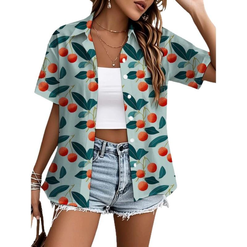 Womens Loose Fit Short Sleeve Printed Shirt Casual Vacation Style Collared Open Front Top
