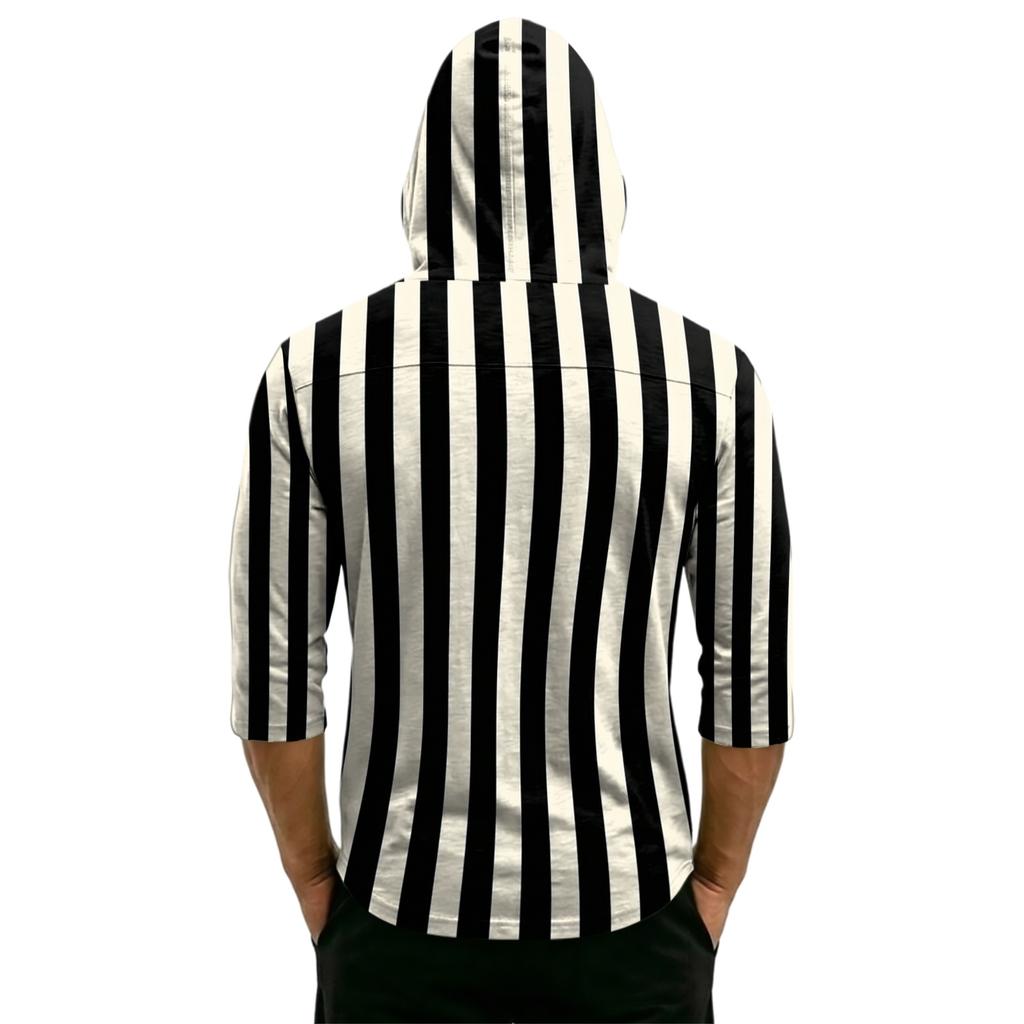 Men's Casual Hooded Striped Three-Quarter Sleeve T-Shirt