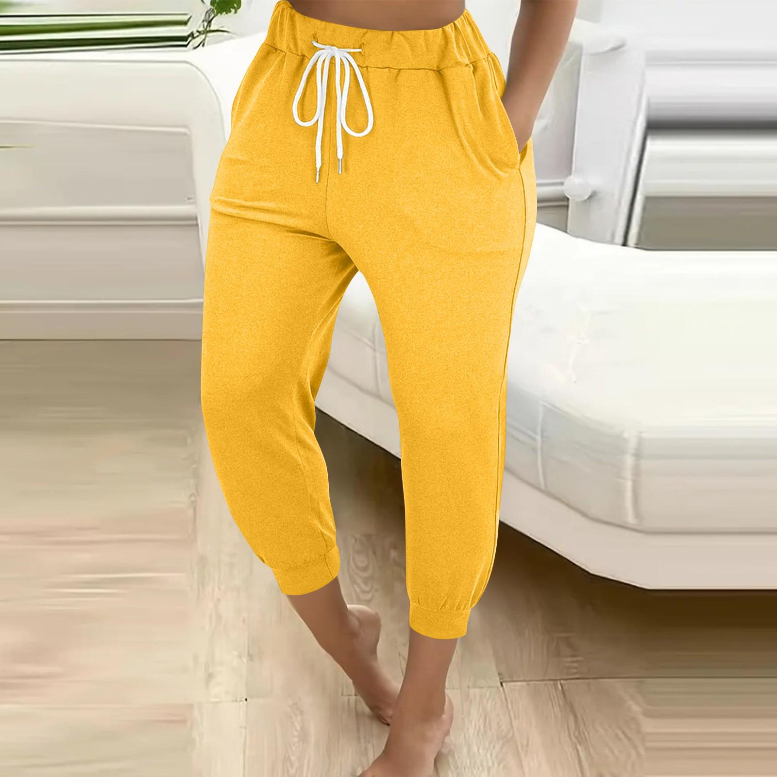 

Женские однотонные свободные утягивающие брюки для бега и фитнеса с высокой талией, на шнуровке, с карманом для мелочей, длиной девять дюймов XL жёлтый