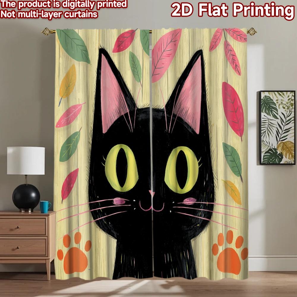2D flat printing 2pcs Window Drapes Black Cat Cute Leaves Digital Printed Polyester Drapes Seasonal Party & Holiday Decor for