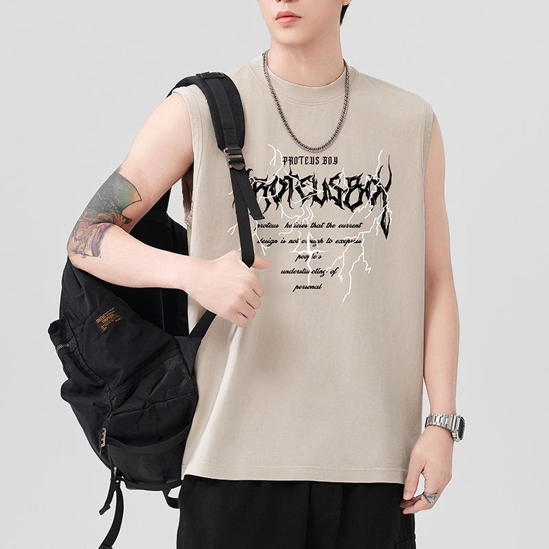 New 230g Heavy Pure Cotton Wash Vest Men's Print Solid Color Wide Shoulder Sleeveless Sports Shoulder