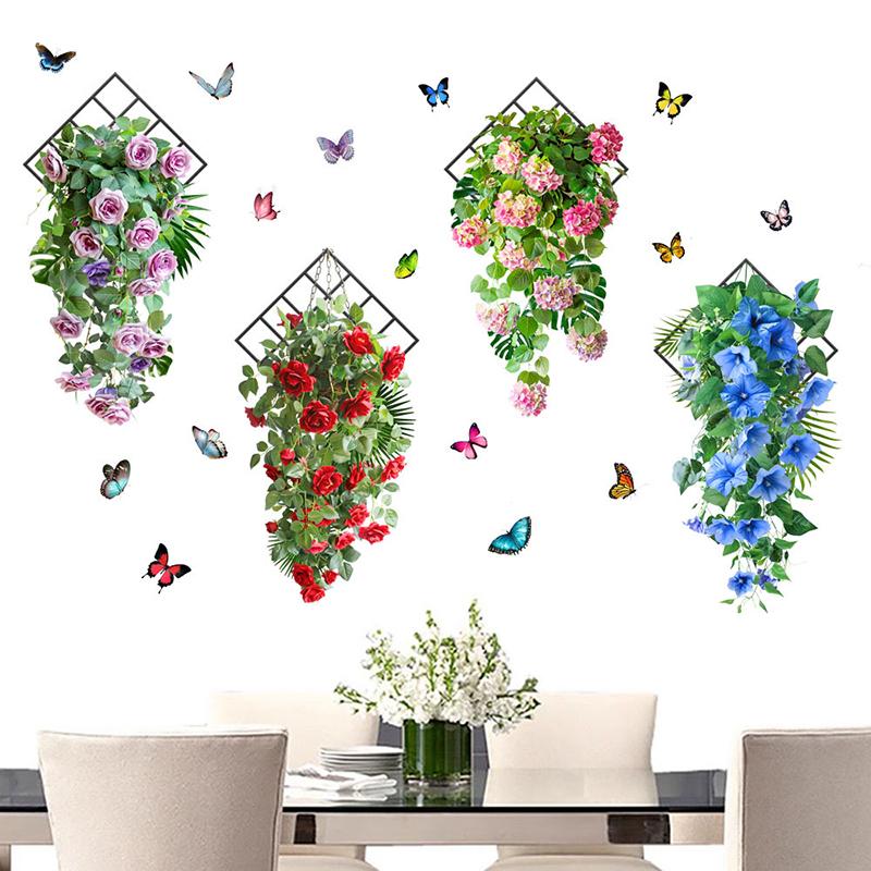 Butterfly Flower Vine Green Plant Self-Adhesive Waterproof Wall Stickers Living Room Bedroom Decorative Painting