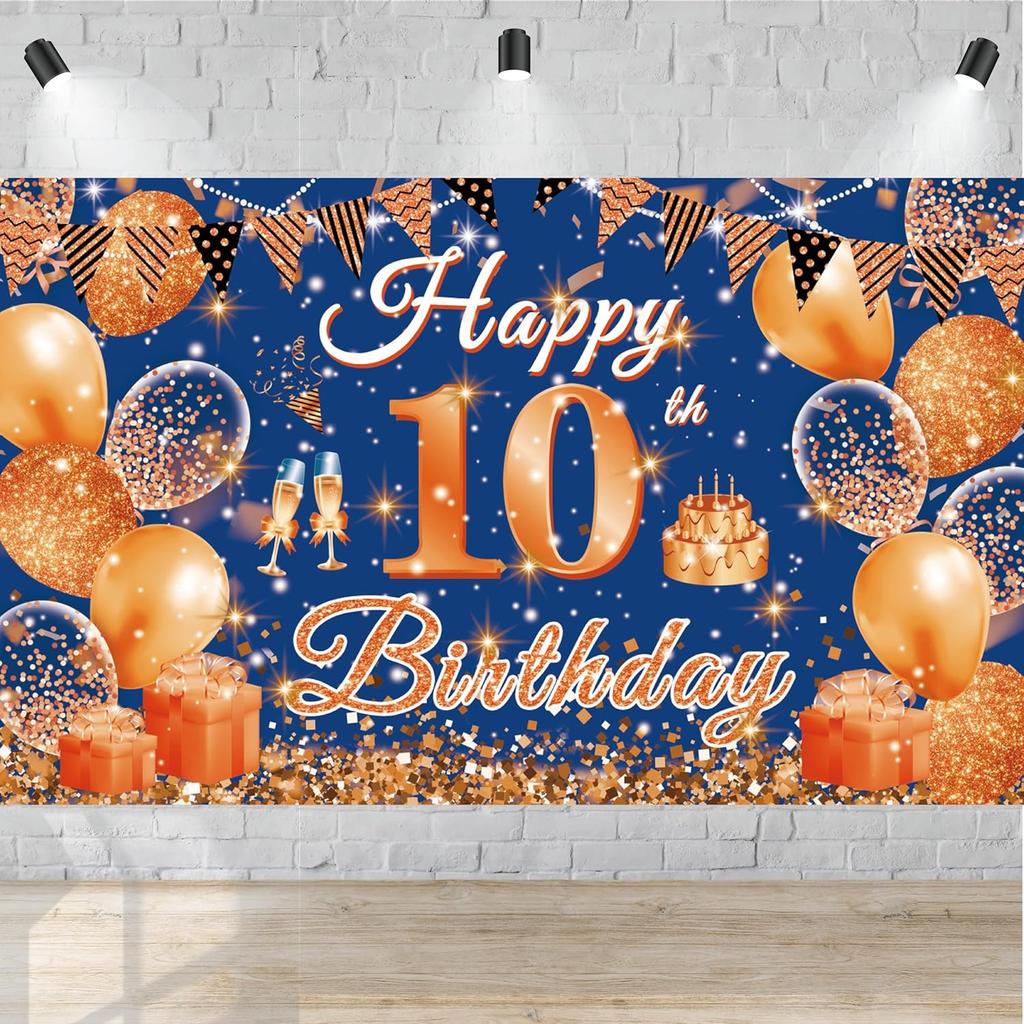 Large Happy 10th Birthday Banner Blue and Orange Ten Birthday Party Decorations Blue Orange 10 Year Old Backdrop Décor Supplies for Boys Girls