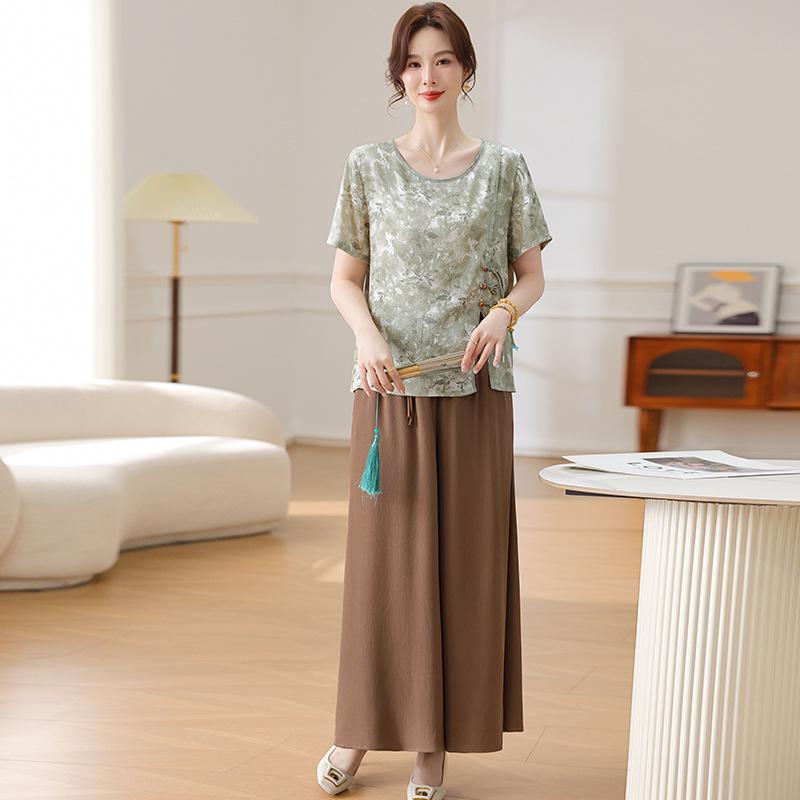 

Women s Chinese Style Summer Two-Piece Set: Short Sleeve Top & Wide-Leg Pants 5XL (Recommended 145-160 lbs)