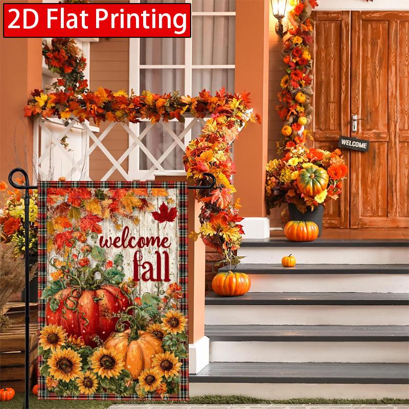 2D Flat, 2D Flat,Thanksgiving Autumn Pumpkin Welcome Autumn Garden Flag_1-28x40 Inch Outdoor Garden Flag Double-sided Home Decoration Courtyard Decora