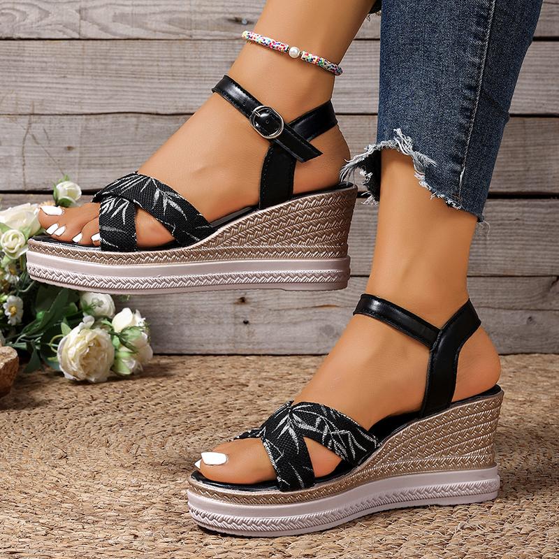 Fashion Leaf Print Cross Strap Wedge Sandals Women 2025 Summer Buckle Strap Platform Sandals Woman Comfort Thick Bottom Beach Sandalias
