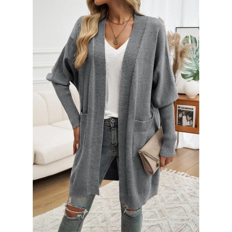 Women Bat Sleeve Cardigan Solid Color Knit Sweater Cardigan Coat