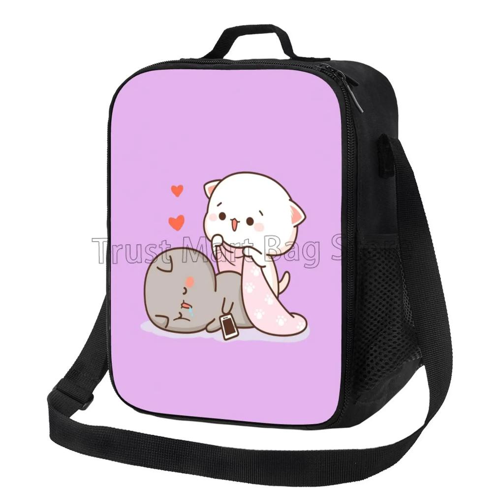 Cartoon Peach and Goma Mochi Cat Insulated Lunch Bag Resuable Leakproof Cooler Thermal Bento Bag with Adjustable Shoulder Strap
