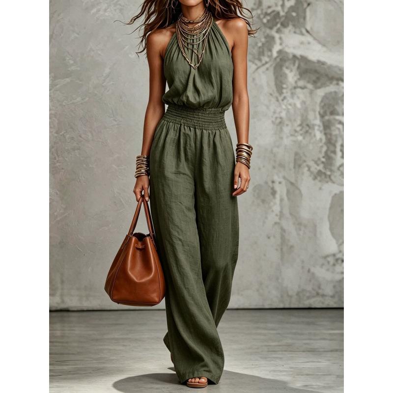 European and American cross-border foreign trade women's clothing 2026 summer sexy sleeveless backless waist strap neck wide leg jumpsuit women