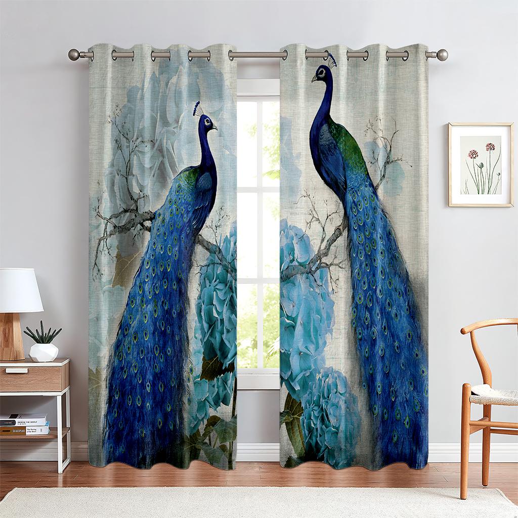 Chinese Style Retro Curtains Animal Peacock Pattern Living Room Bedroom Decorative Home Decoration Curtain Set Of 2 Made Polyester With Rod Pocket