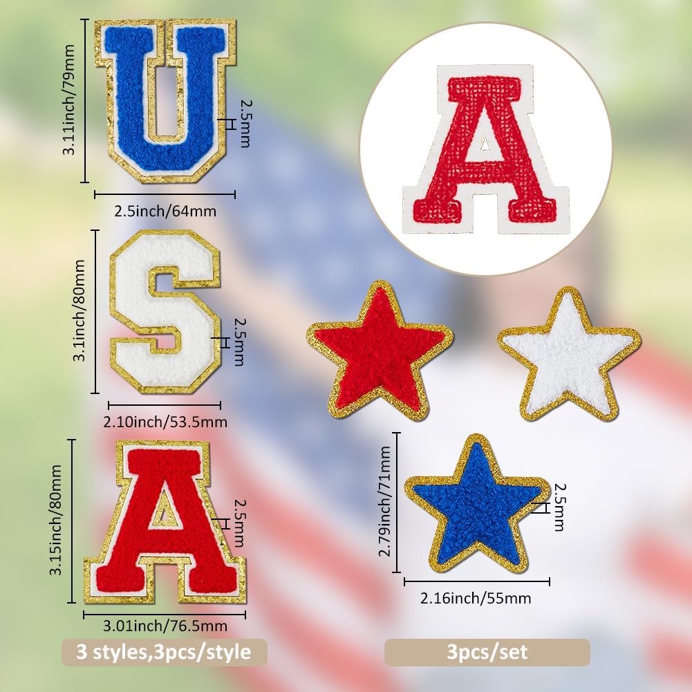 SUPERFINDINGS 12Pcs USA Letter Patch Patriotic Iron On Patch Star Embroidered Applique Patches Glitter Red White Blue USA Chenille Patches for