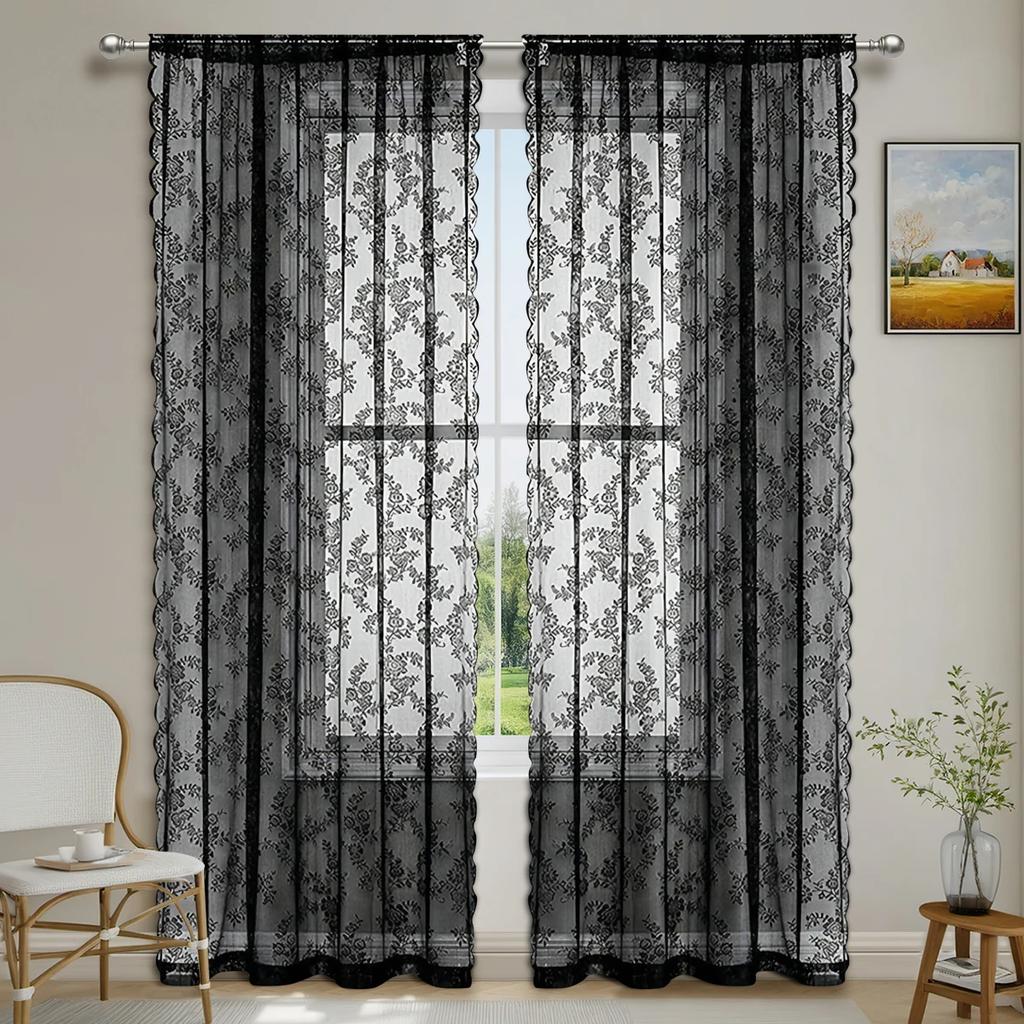 1pc Romantic Lace Sheer Curtain, Rod Pocket Flower Lace Window Curtains for Living Room Bedroom Home Decor, Window Screening