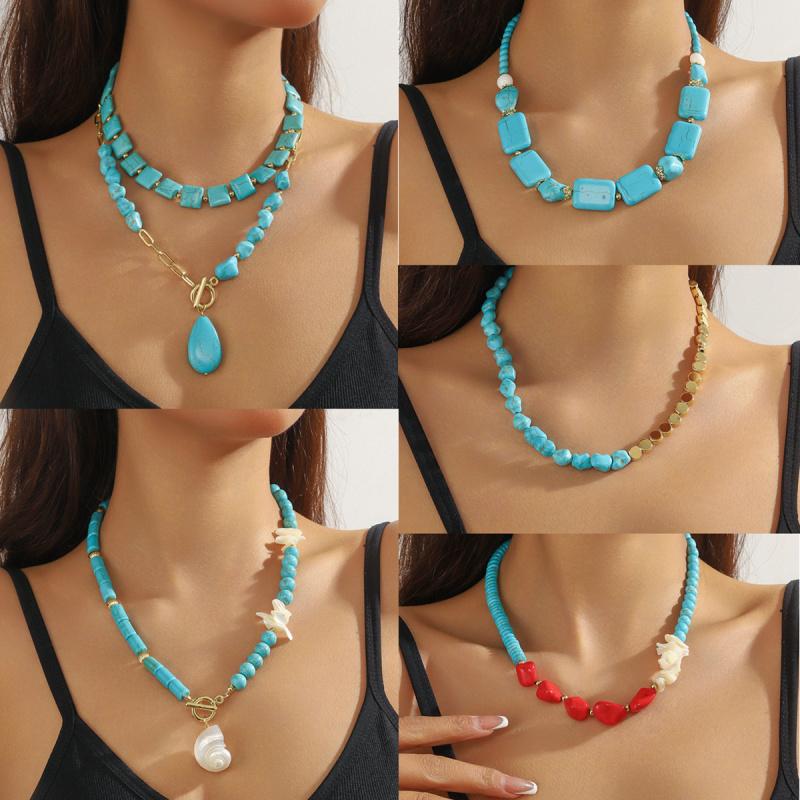 Turquoise Stone Beaded Necklace With Water Drop Pendant Blue Green Beads Layered Look Daily Jewelry For Women Casual Commuter Style 41-50 Cm