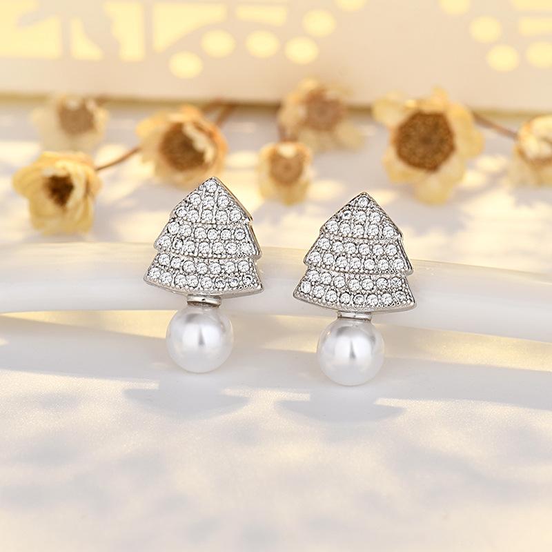 Fashionable Pearl Zircon Gold Earrings for Women with Anti-allergic Micro-set Christmas Earrings