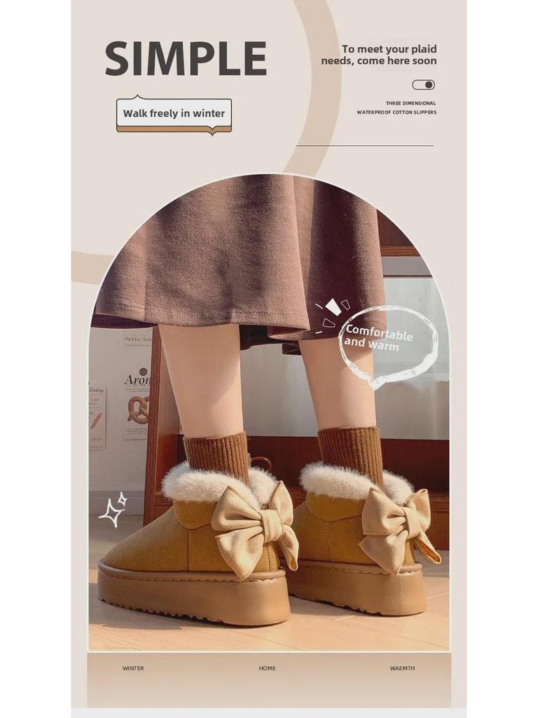 Women's Bow-Knot Cotton Heel Boots: Warm, Stylish & Versatile for Winter