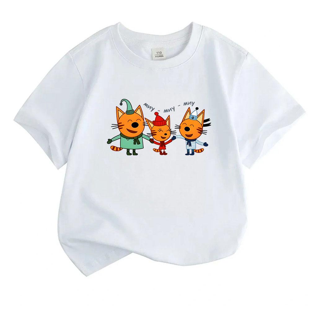 Toddler Boys Girls 100% Cotton O-neck Short Sleeve T-Shirt, Cute Orange Cartoon Cats Singing Pattern Casual Soft Breathable Tee for Kids Daily Wear Ho