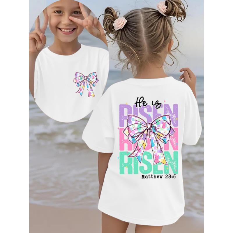 European sizes Easter Summer Fashion GIRLS Short Sleeve T-Shirt IS RISEN Colorful Rabbit Bow Colorful Letter Double-Sided Print Casual Versatile Top 110 белый