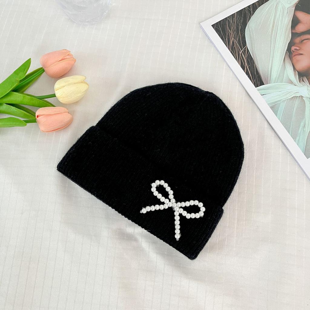 Korean Pearl Bow Wool Hat for Women Plus Velvet Thickened Warm Knitted Hat Letter Labeled Same Style for Men and Women