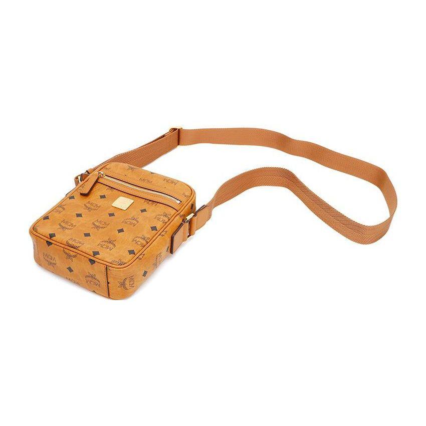 MCM Borsa a tracolla mini in pelle con monogramma Visetos Classico, tracolla regolabile, cerniera, da uomo, colore Marrone Cognac MMRAAKC04CO001