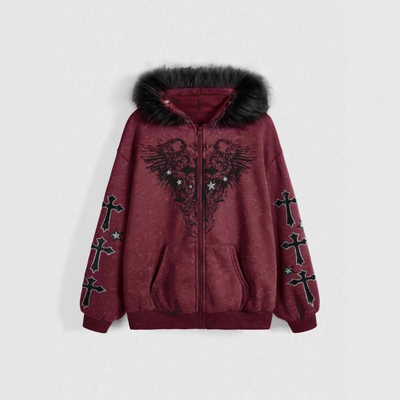Womens Gothic Style Hooded Zip-Up Sweatshirt With Cross Wing Print Fleece Lined Collar Fall Winter Streetwear