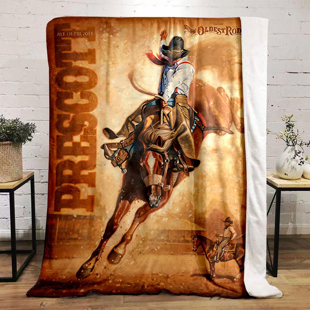 Bohemian Prescott Rodeo Cowboy Poster Yellow Plush Blanket, Durable Warm Throw for Outdoor Fun, Comfortable Throw for Daybed and Armchair